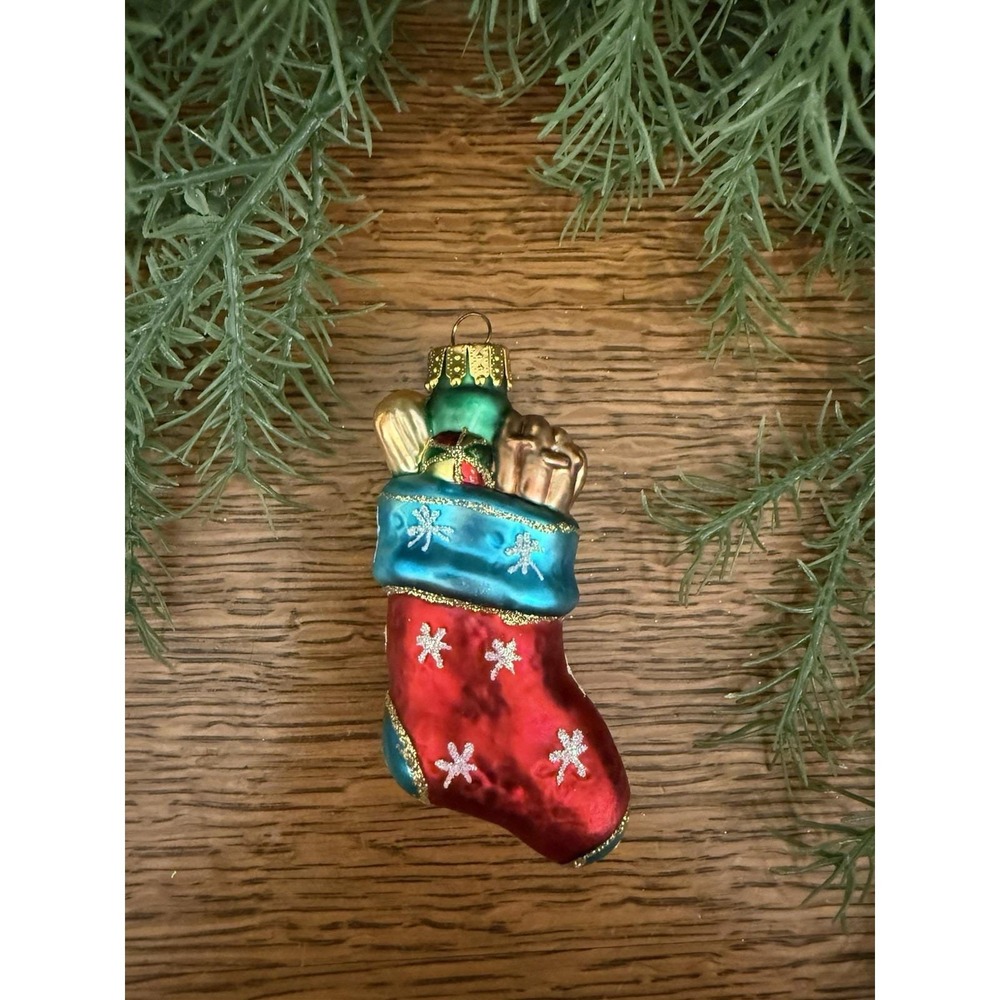 UFG Ursa Fine Glass‎ Stocking Ornament Poland Hand-Blown Red Blue Gold 4.75″